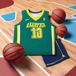 A detailed image of a basketball uniform, showcasing the jersey and shorts with a vibrant color scheme