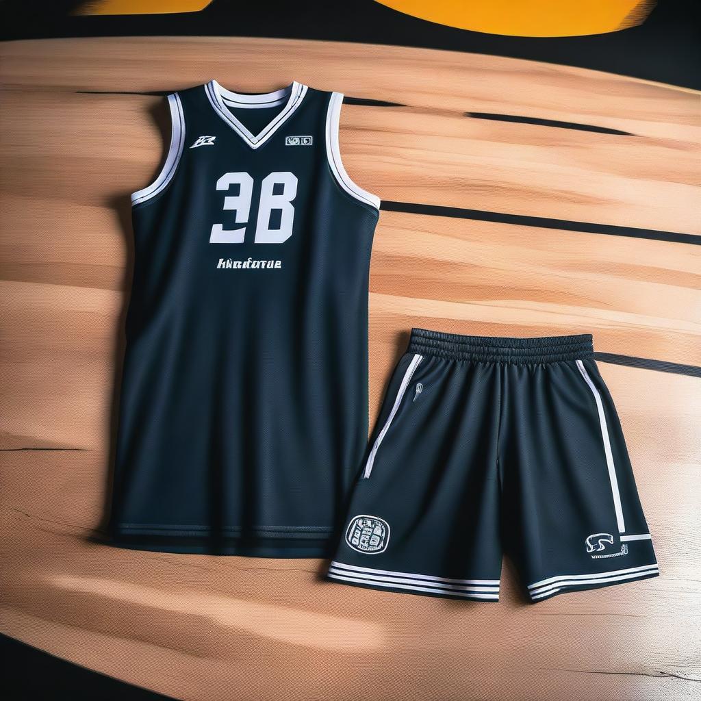 A detailed image of a basketball uniform with a dark theme, featuring a sleek design with dark colors like black and navy blue