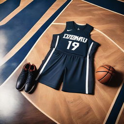 A detailed image of a basketball uniform with a dark theme, featuring a sleek design with dark colors like black and navy blue