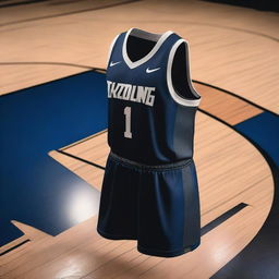 A detailed image of a basketball uniform with a dark theme, featuring a sleek design with dark colors like black and navy blue