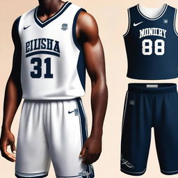 A detailed image of a basketball uniform with a dark theme, featuring a sleek design with dark colors like black and navy blue