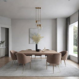 Visualize a luxurious dining room with a minimalist design.