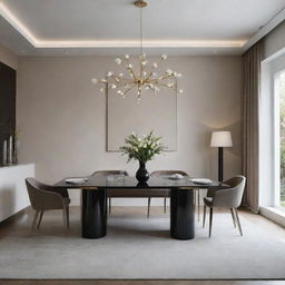 Illustrate a luxurious dining room with minimalist design.