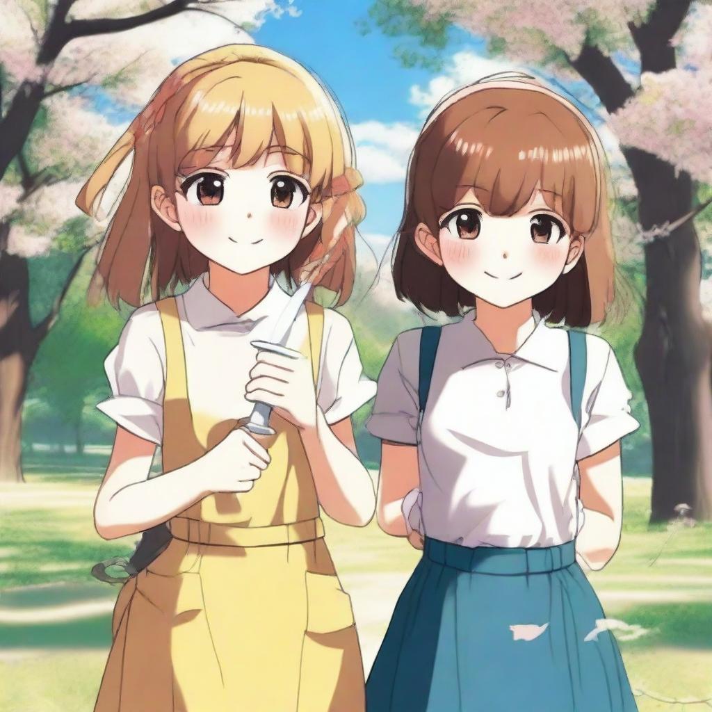 A seemingly normal picture of two best friends, one girl smiling warmly at the camera while the other stands behind her, subtly holding a knife behind her back