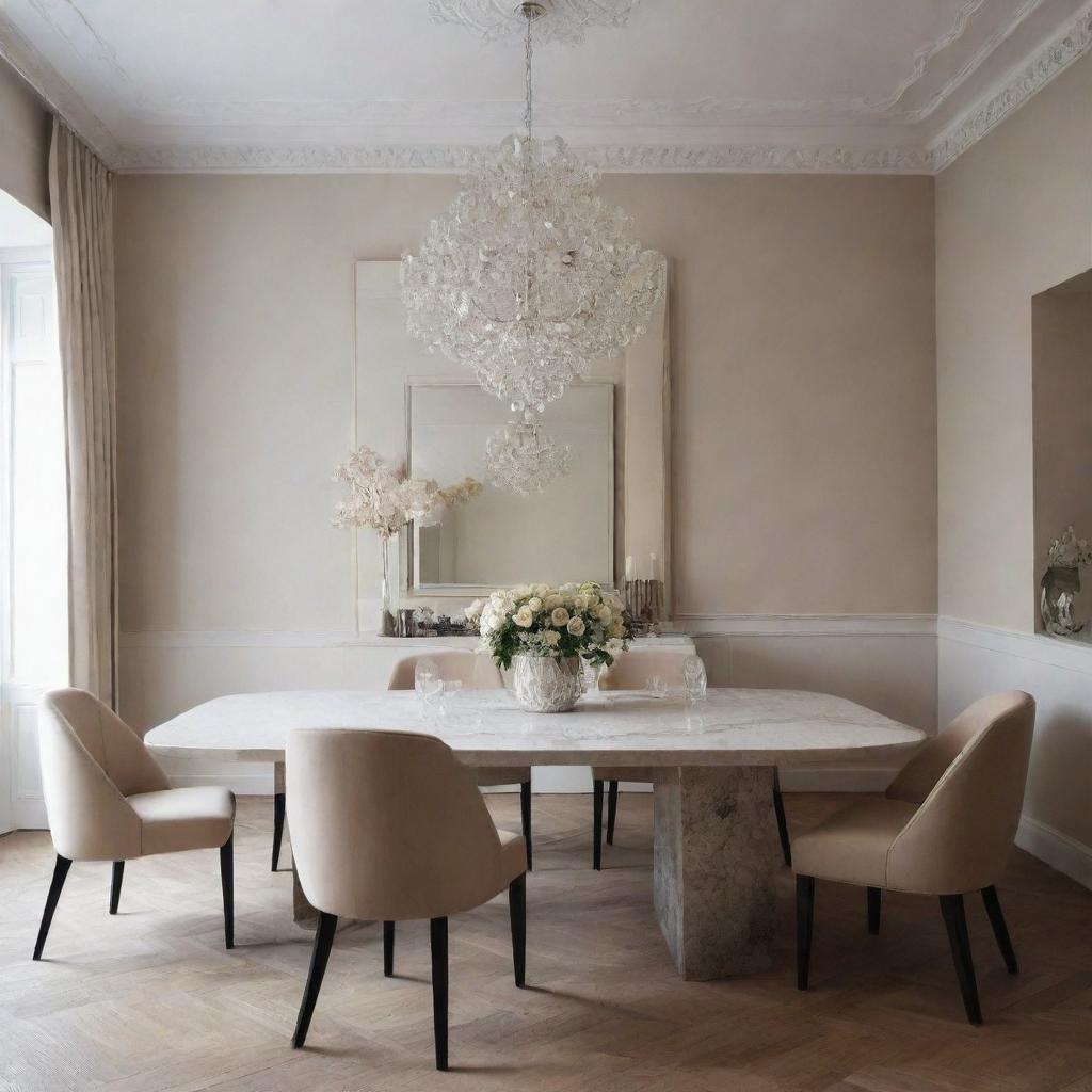 Illustrate a luxurious dining room with minimalist design.