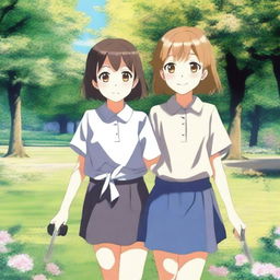 A seemingly normal picture of two best friends, one girl smiling warmly at the camera while the other stands behind her, subtly holding a knife behind her back