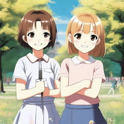 A seemingly normal picture of two best friends, one girl smiling warmly at the camera while the other stands behind her, subtly holding a knife behind her back