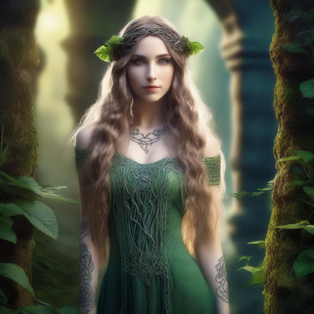 A beautiful Celtic elf standing in an enchanted forest, surrounded by mystical glowing plants and ancient ruins