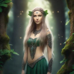 A beautiful Celtic elf standing in an enchanted forest, surrounded by mystical glowing plants and ancient ruins