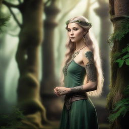 A beautiful Celtic elf standing in an enchanted forest, surrounded by mystical glowing plants and ancient ruins