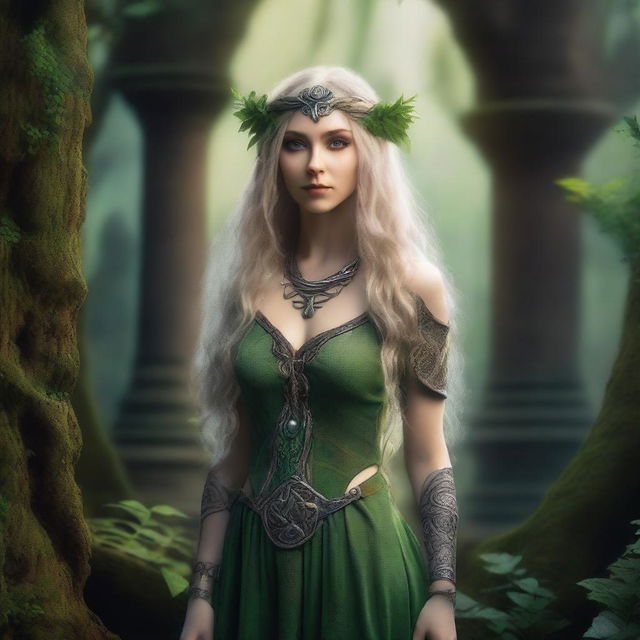 A beautiful Celtic elf standing in an enchanted forest, surrounded by mystical glowing plants and ancient ruins