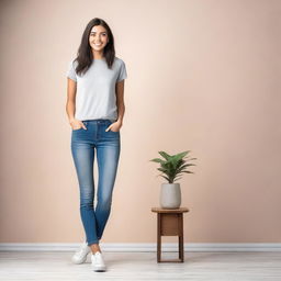 A full-length image of a tall girl standing confidently