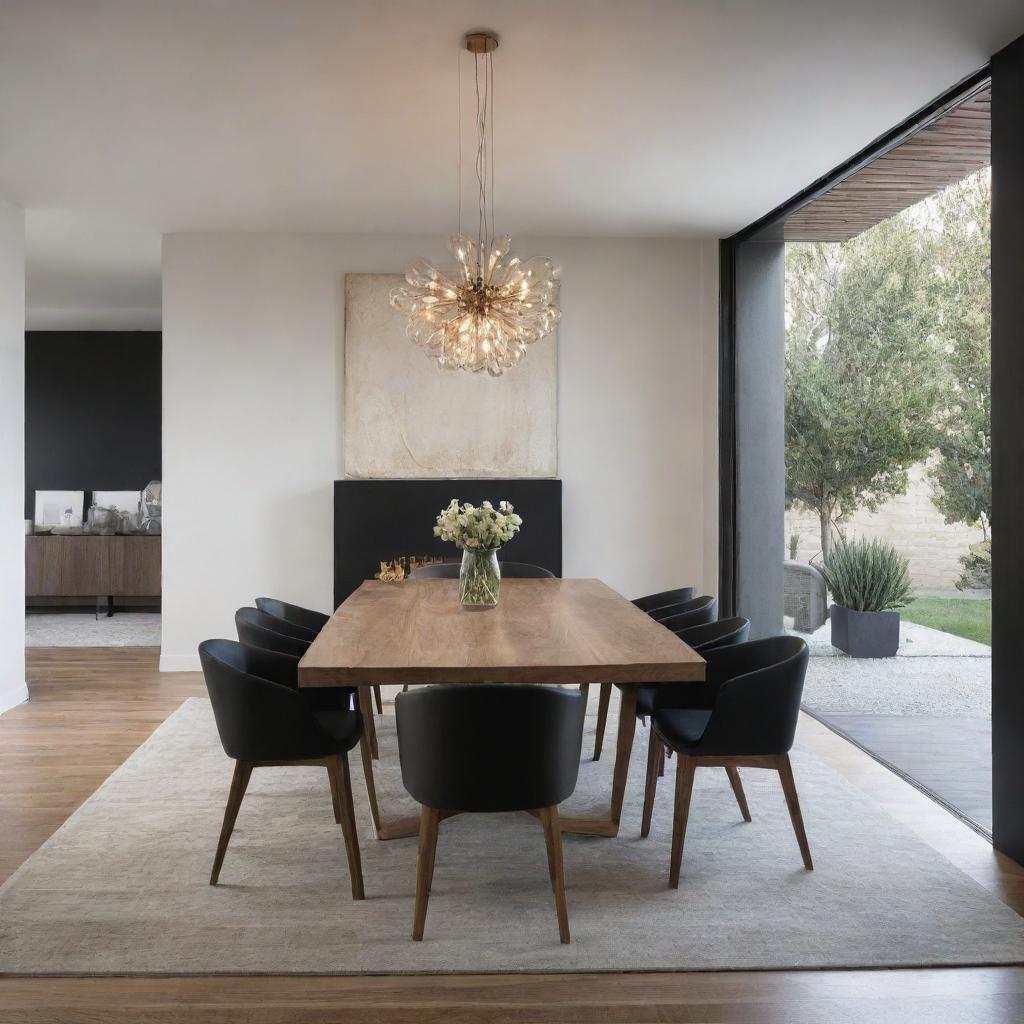 Design a luxurious, minimalist dining room with touches of natural chain wood features.