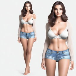 Create a full-length image of a tall girl with a focus on her larger breasts