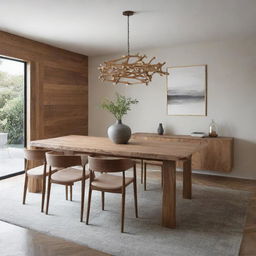 Design a luxurious, minimalist dining room with touches of natural chain wood features.