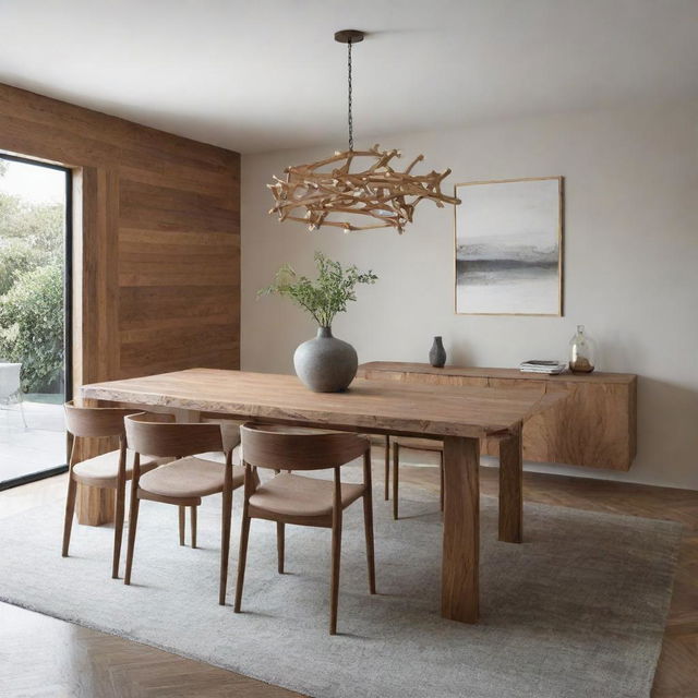 Design a luxurious, minimalist dining room with touches of natural chain wood features.