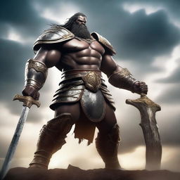 A powerful and gigantic warrior named Goliath, standing tall with a menacing look, clad in ancient armor and wielding a massive weapon