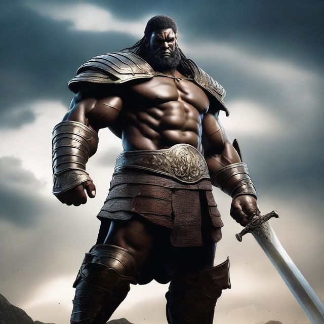 A powerful and gigantic warrior named Goliath, standing tall with a menacing look, clad in ancient armor and wielding a massive weapon