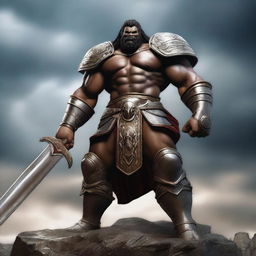 A powerful and gigantic warrior named Goliath, standing tall with a menacing look, clad in ancient armor and wielding a massive weapon