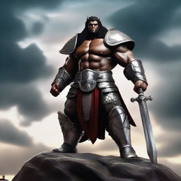 A powerful and gigantic warrior named Goliath, standing tall with a menacing look, clad in ancient armor and wielding a massive weapon