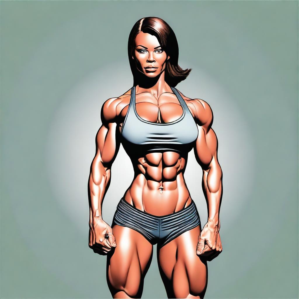 A depiction of a muscular woman with a strong and athletic build, emphasizing her physical fitness and strength