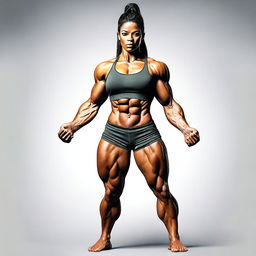 A depiction of a muscular woman with a strong and athletic build, emphasizing her physical fitness and strength