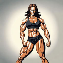 A depiction of a muscular woman with a strong and athletic build, emphasizing her physical fitness and strength