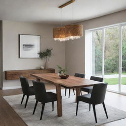 Design a luxurious, minimalist dining room with touches of natural chain wood features.