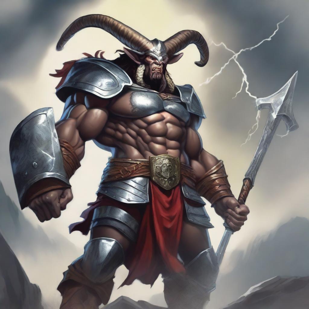 A powerful and gigantic warrior named Goliath with large, intimidating horns, standing tall with a menacing look