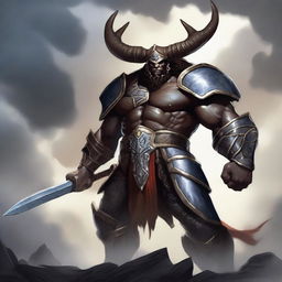 A powerful and gigantic warrior named Goliath with large, intimidating horns, standing tall with a menacing look