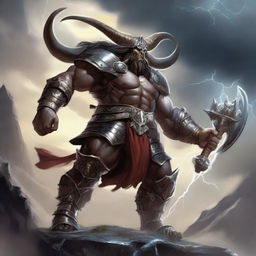 A powerful and gigantic warrior named Goliath with large, intimidating horns, standing tall with a menacing look