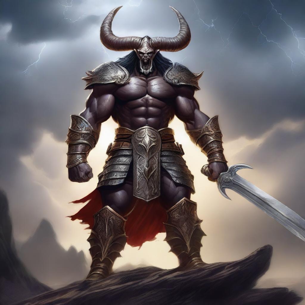 A powerful and gigantic warrior named Goliath with large, intimidating horns, standing tall with a menacing look