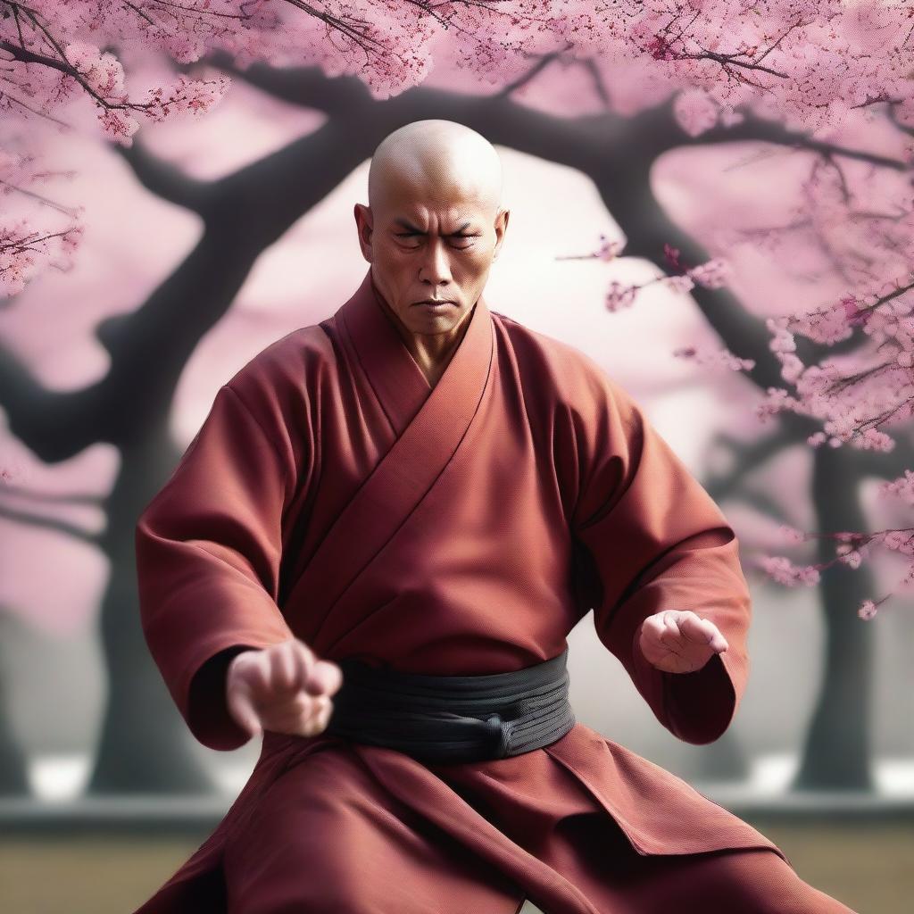 A dynamic and powerful monk fighter in a traditional martial arts stance, wearing classic monk robes