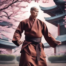 A dynamic and powerful monk fighter in a traditional martial arts stance, wearing classic monk robes