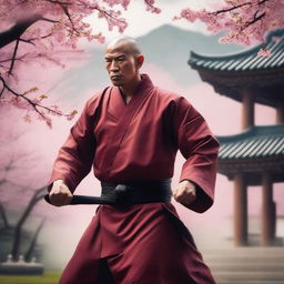 A dynamic and powerful monk fighter in a traditional martial arts stance, wearing classic monk robes