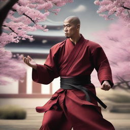 A dynamic and powerful monk fighter in a traditional martial arts stance, wearing classic monk robes