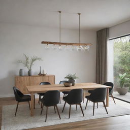 Design a luxurious, minimalist dining room with touches of natural chain wood features.