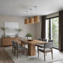 Create a luxurious, minimalist dining room incorporating elements of natural chain wood.