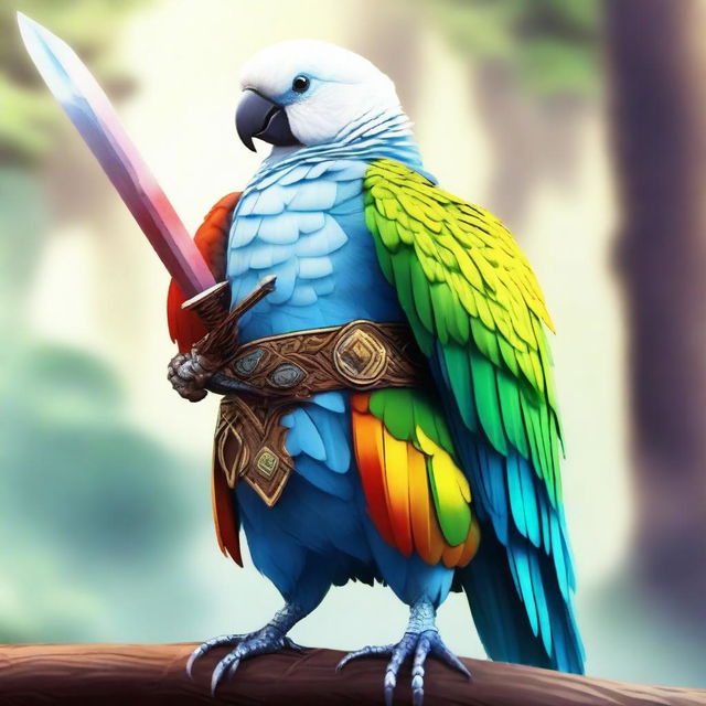 An image of an Aarakocra parakeet fighter, standing tall with vibrant feathers and a determined expression