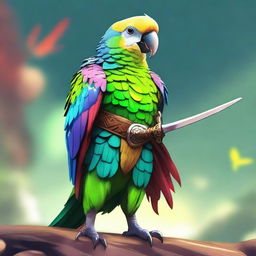 An image of an Aarakocra parakeet fighter, standing tall with vibrant feathers and a determined expression