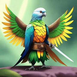 An image of an Aarakocra parakeet fighter, standing tall with vibrant feathers and a determined expression