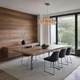 Create a luxurious, minimalist dining room incorporating elements of natural chain wood.