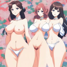 A detailed anime-style illustration of women with exaggerated features, specifically emphasizing large breasts and buttocks