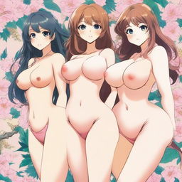 A detailed anime-style illustration of women with exaggerated features, specifically emphasizing large breasts and buttocks