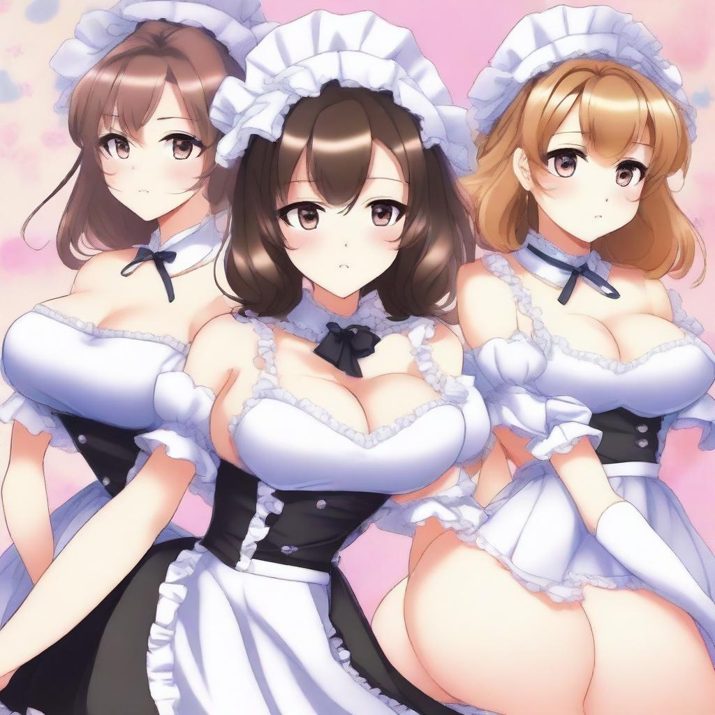 A detailed anime-style illustration of women with exaggerated features, specifically emphasizing large breasts and buttocks, dressed in sexy maid outfits