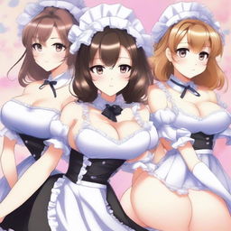 A detailed anime-style illustration of women with exaggerated features, specifically emphasizing large breasts and buttocks, dressed in sexy maid outfits