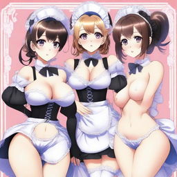 A detailed anime-style illustration of women with exaggerated features, specifically emphasizing large breasts and buttocks, dressed in sexy maid outfits