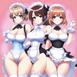 A detailed anime-style illustration of women with exaggerated features, specifically emphasizing large breasts and buttocks, dressed in sexy maid outfits