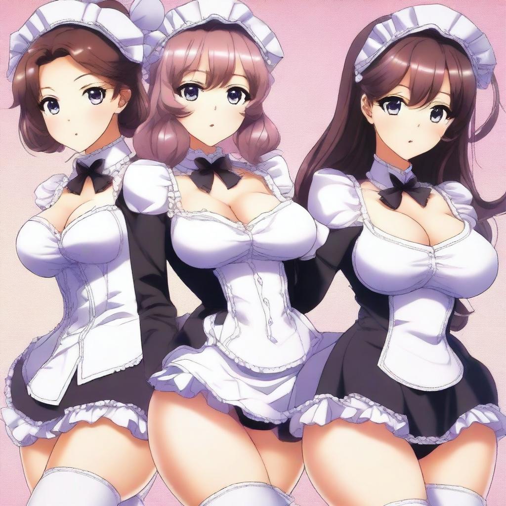 A detailed anime-style illustration of women with exaggerated features, specifically emphasizing large breasts and buttocks, dressed in sexy maid outfits