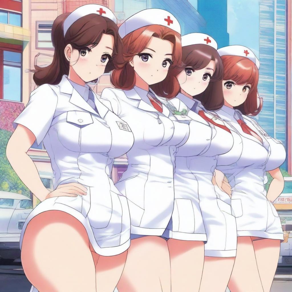 A detailed anime-style illustration of women with exaggerated features, specifically emphasizing large buttocks, dressed in sexy nurse uniforms
